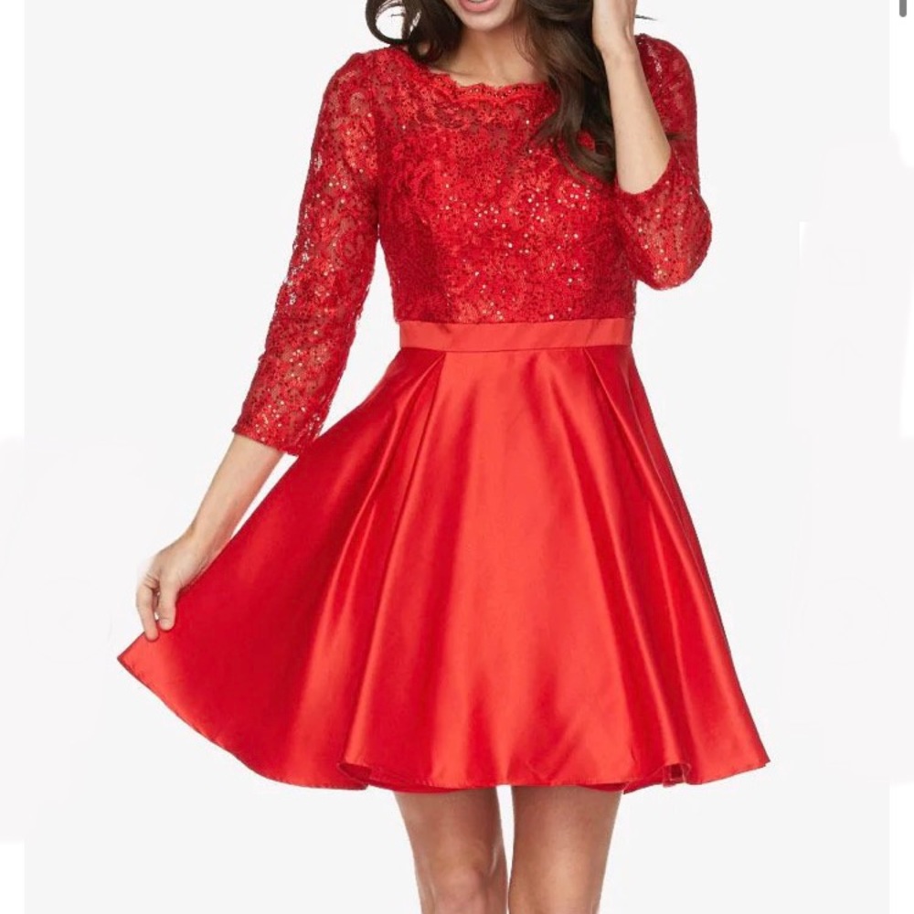 Red 3/4 Sleeve Cocktail Dress Fit and Flare Homecoming Hoco